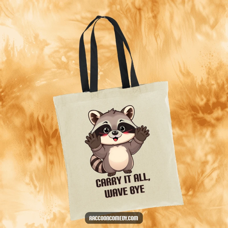 Funny kawaii raccoon waving goodbye from a durable tote bag, ideal for shopping and carrying daily items with a cute flair.