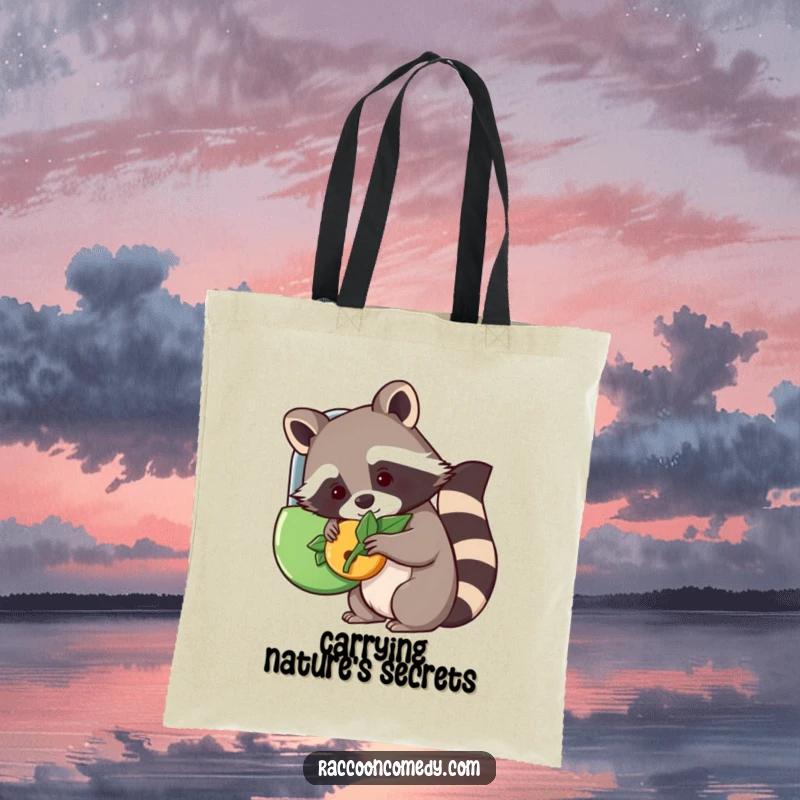 Funny kawaii raccoon using a leaf to unlock a lock on a durable tote bag, adding cuteness to your day.