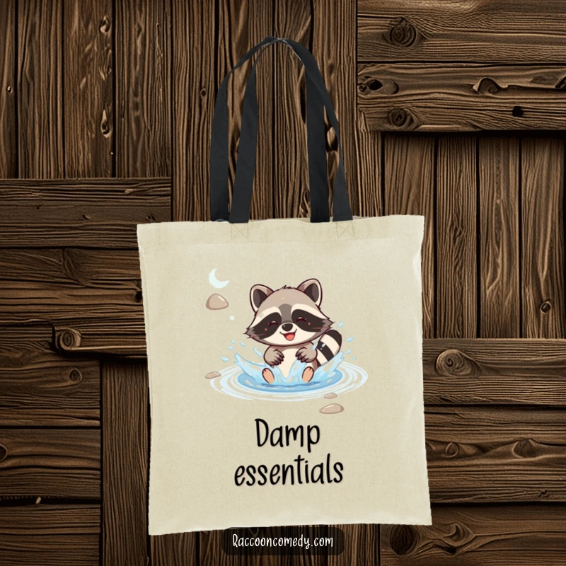 Funny kawaii raccoon joyfully splashing in a rippling stream with delight, printed on a durable tote bag for everyday adventures.