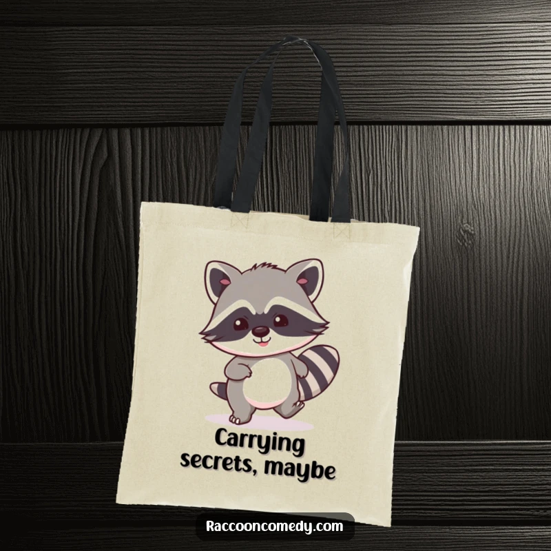Funny kawaii raccoon tote bag, masterfully tiptoeing with exaggerated stealth and a happy, mischievous smile.