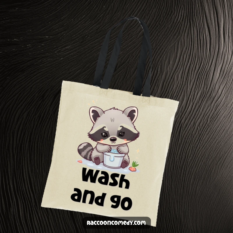Funny Kawaii Raccoon Tote Bag: A cute raccoon washing in a small bucket, perfect for errands.