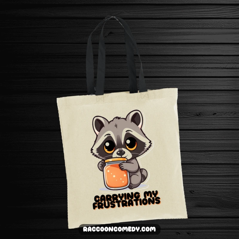 Funny raccoon tote bag with a graphic of a raccoon with large eyes focused on opening a jar, representing perseverance, a practical funny gift.