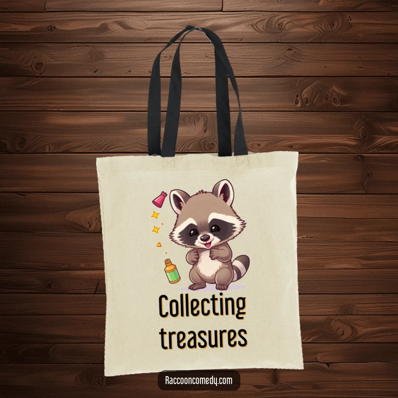 Funny tote bag with a cute raccoon gleefully juggling sparkling items, evoking a sense of playful mischief.