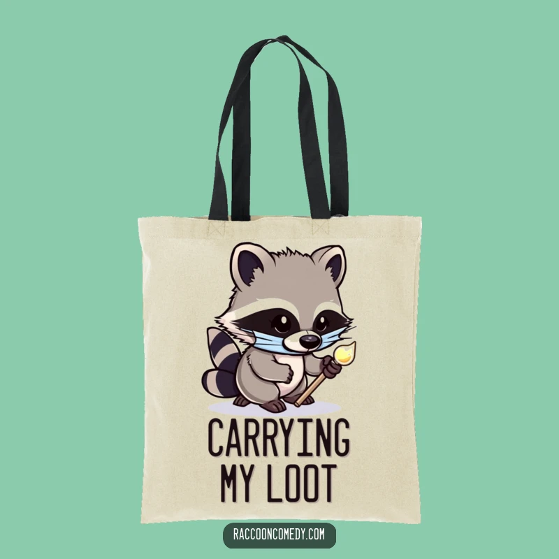 Funny Raccoon Tote Bag: Cute Masked Bandit Tiptoeing with Shiny Object Shopper Gift