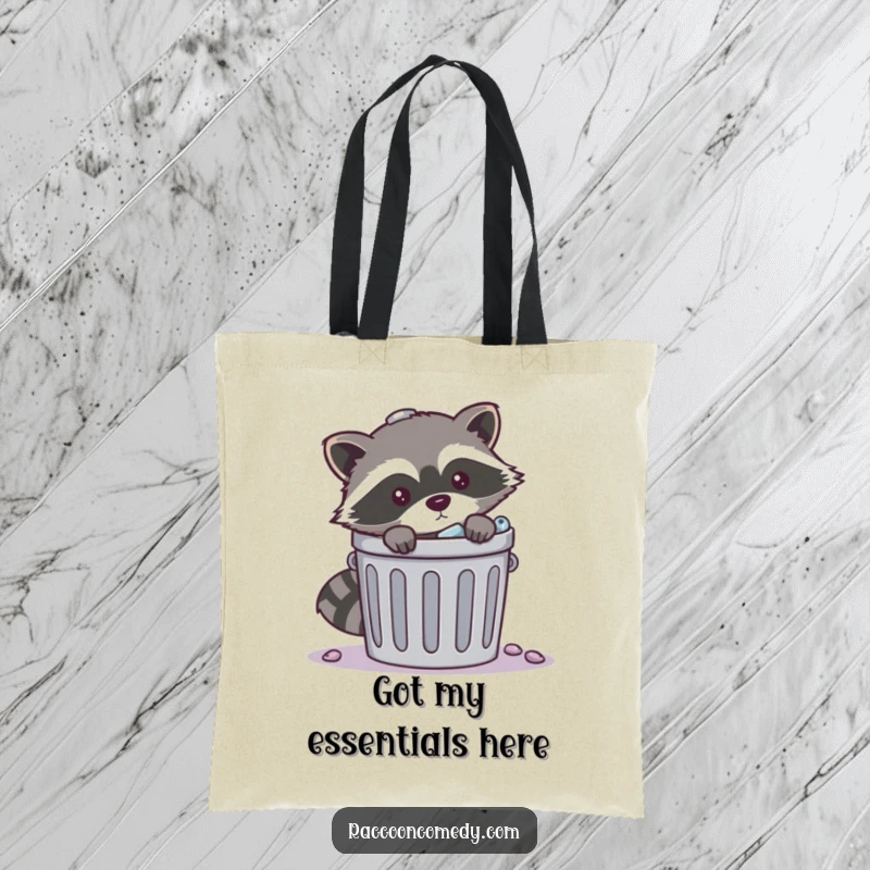 Funny mischievous raccoon trash tote bag with a raccoon peeking from behind a trash can, showcasing a love for hidden goodies and humor.