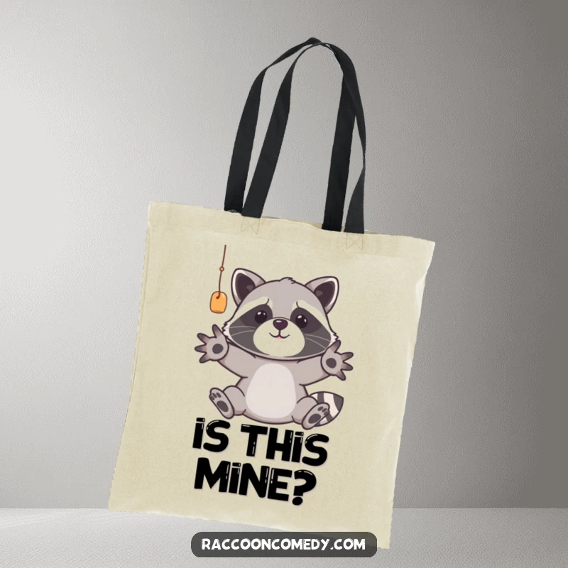 Funny raccoon tote bag featuring a playful trash panda with grasping paws, reaching for a dangling prize, symbolizing funny ambition and resourcefulness.