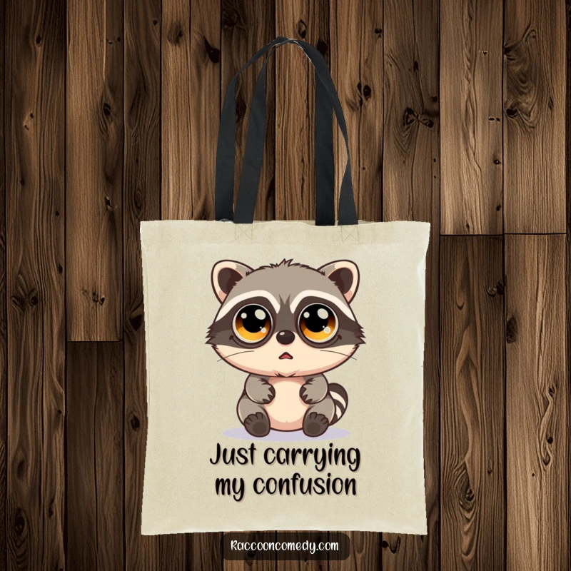 Funny kawaii raccoon with massive googly eyes and a bewildered expression, printed on a durable tote bag.