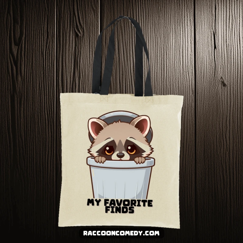 Funny Raccoon Tote Bag: A kawaii raccoon peeking from a trash can, perfect for carrying your essentials with a touch of humor.