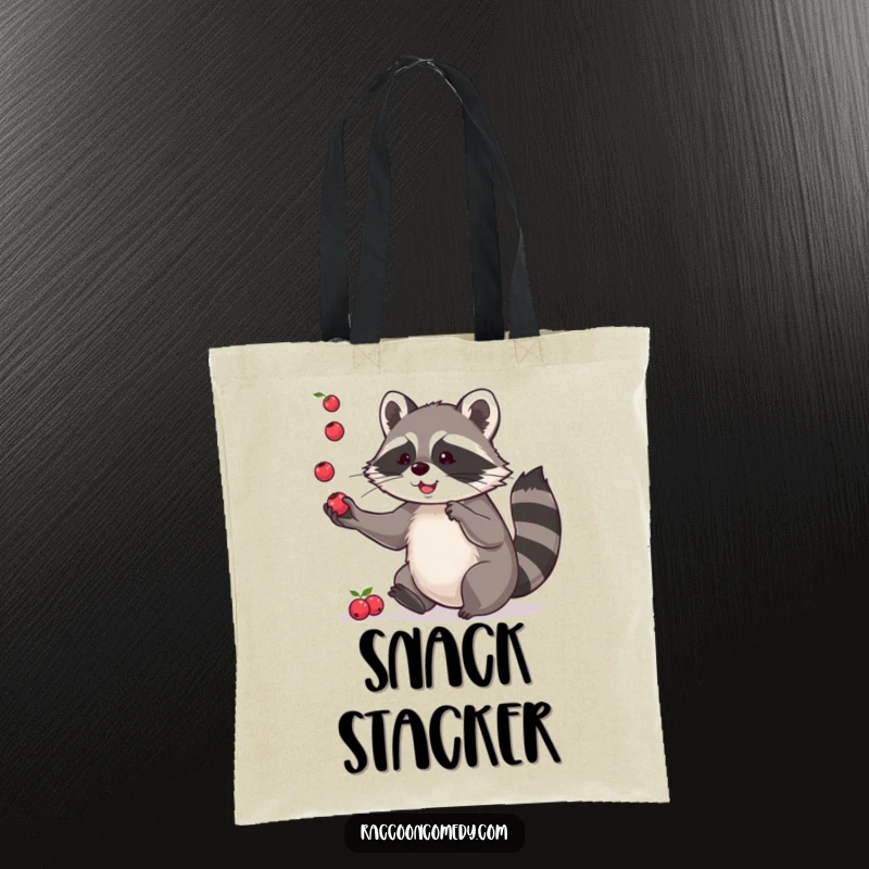 Funny tote bag with a playful raccoon juggling small berries, perfect for carrying items with a dose of skill and humor.