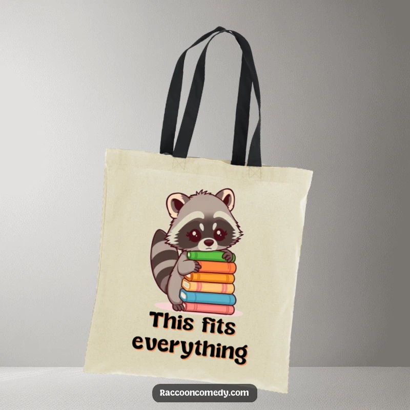Funny tote bag depicting a determined raccoon attempting to balance a large stack of goods, looking endearingly stressed.