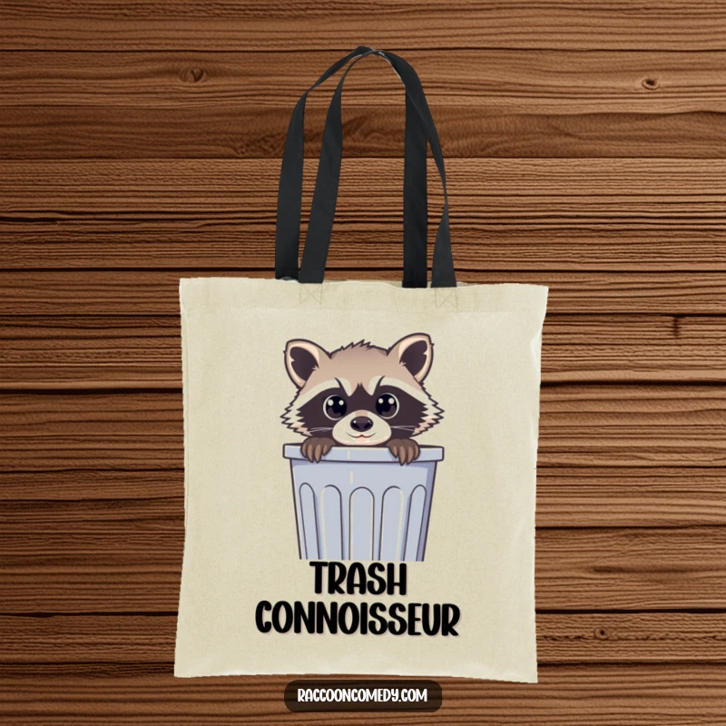 Funny tote bag with a raccoon character peeking wide-eyed from a trash can, perfect for carrying essentials and a dash of humor.