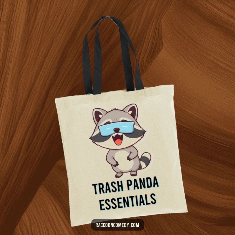 Funny tote bag with an excited raccoon wearing a mask, peeking out playfully, perfect for carrying items with humorous charm.