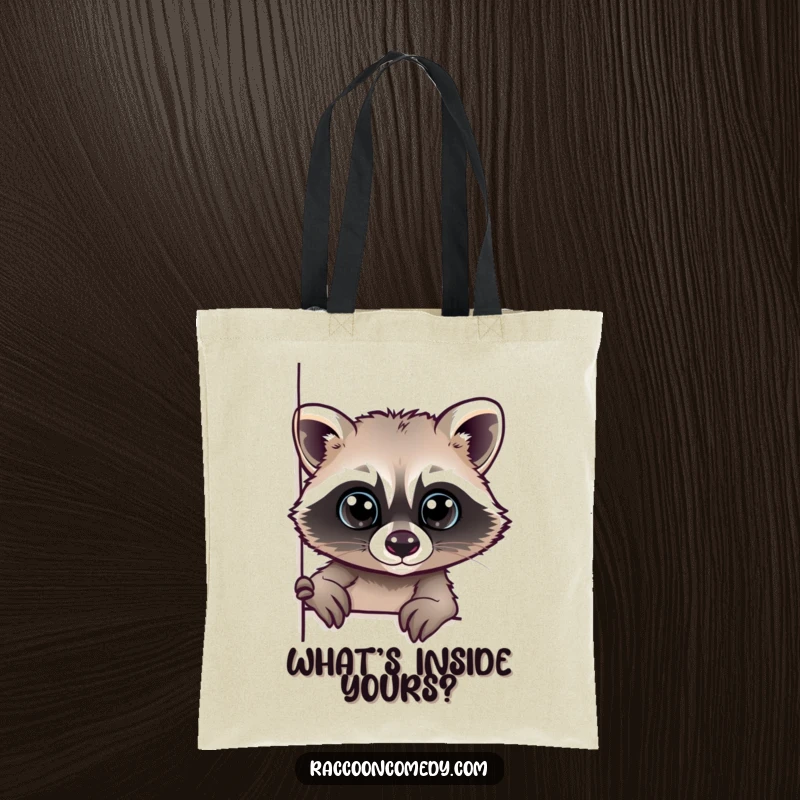 Funny tote bag with a raccoon's face peeking around a corner, its wide eyes conveying curiosity and charm.